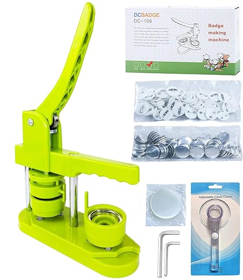 DCBADGE Button Maker Machine, (3rd Gen) Installation-Free DIY Pin Button Maker, 25mm(1 in) Pin Button Badge Press Machine Kit with Free 500pcs of Button Parts&Circle Cutter&Wrench Gadget
