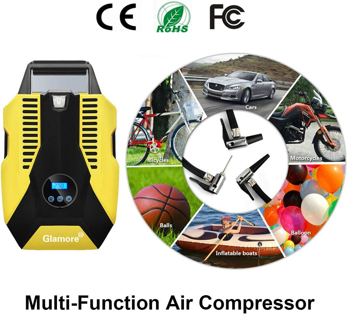Glamore Portable Air Compressor for Car Tires, Digital Tire Inflator, 12V DC Air Compressor Tire Inflators, Air Tire Pump, 150 PSI with Emergency LED Flashlight for Cars, Motorcycles, Bikes, Ballons: Automotive