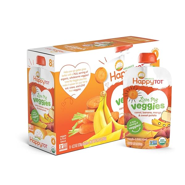 HAPPY TOT ORGANIC STAGE 4 BABY FOOD, LOVE MY VEGGIES, CARROT, BANANA, MANGO & SWEET POTATO, 4.22 OUNCE