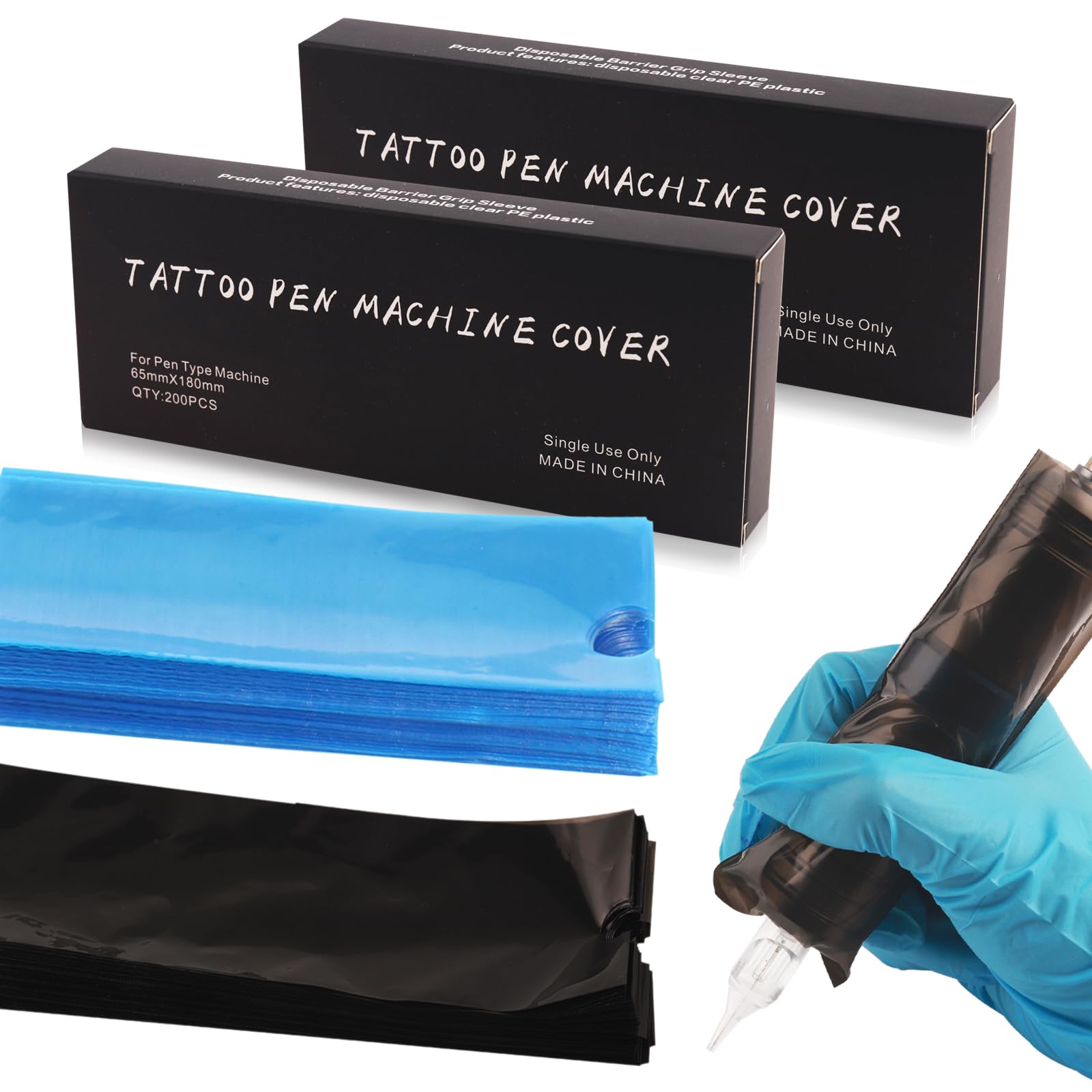 Rayyl 400pcs Large Tattoo Pen Sleeves, 2.5 X 7 inch Disposable Tattoo Machine Bags for Tattoo Kit Supply (Black and Blue) — image 1
