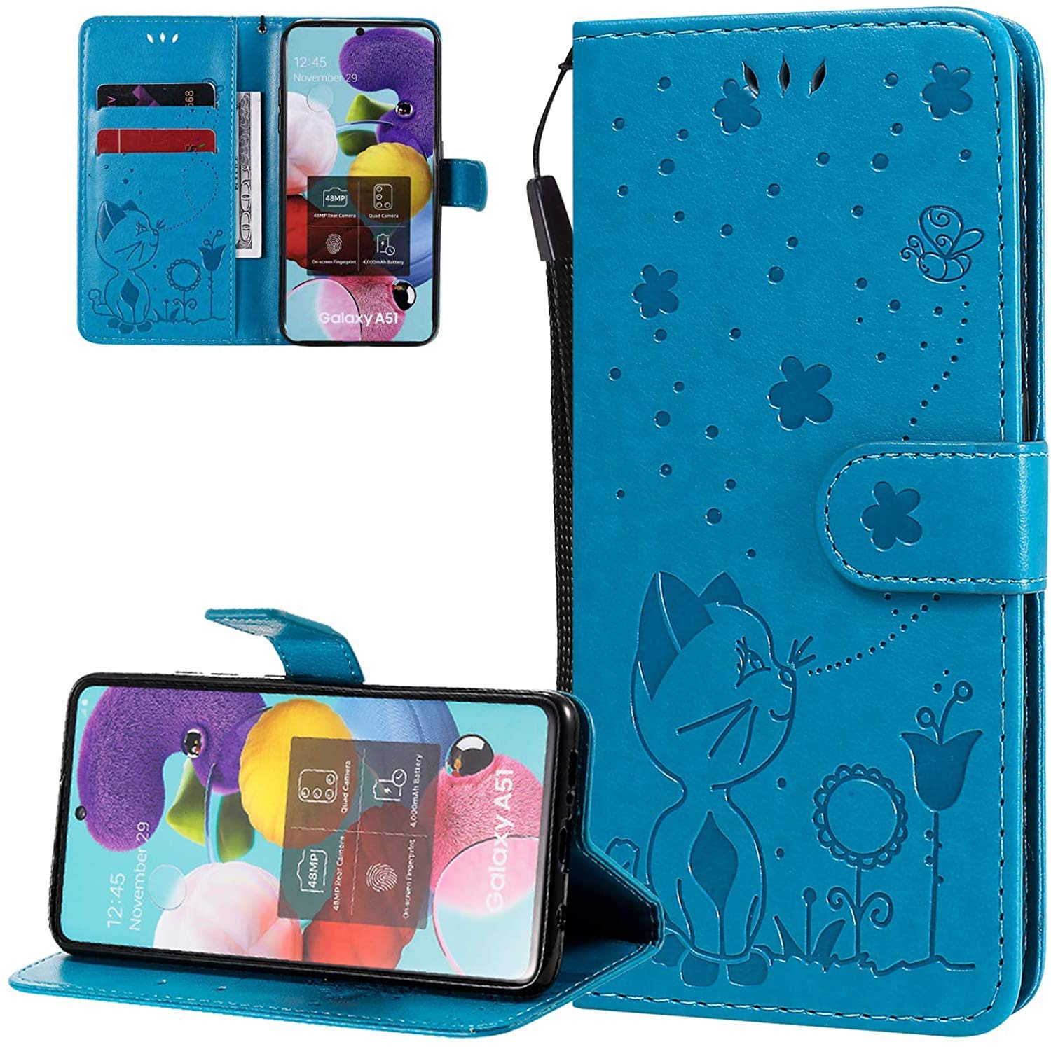 LEMAXELERS For Samsung Galaxy A70 Case,Galaxy A70 Cover Cute Cat Flower Embossed PU Leather Flip Notebook Wallet Case Magnetic Stand Card Slot Folio Case for Samsung Galaxy A70,KT Cat Blue
