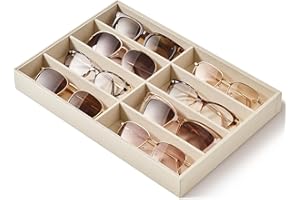 pickpiff Drawer Sunglass Organizer & Display Tray: 1 Pcs 8 Grids Velvet Scratch-Free Eyeglasses Case (13.8x9.4x1.6inch) - Soft Beige Glasses Storage Holder Box for Men & Women