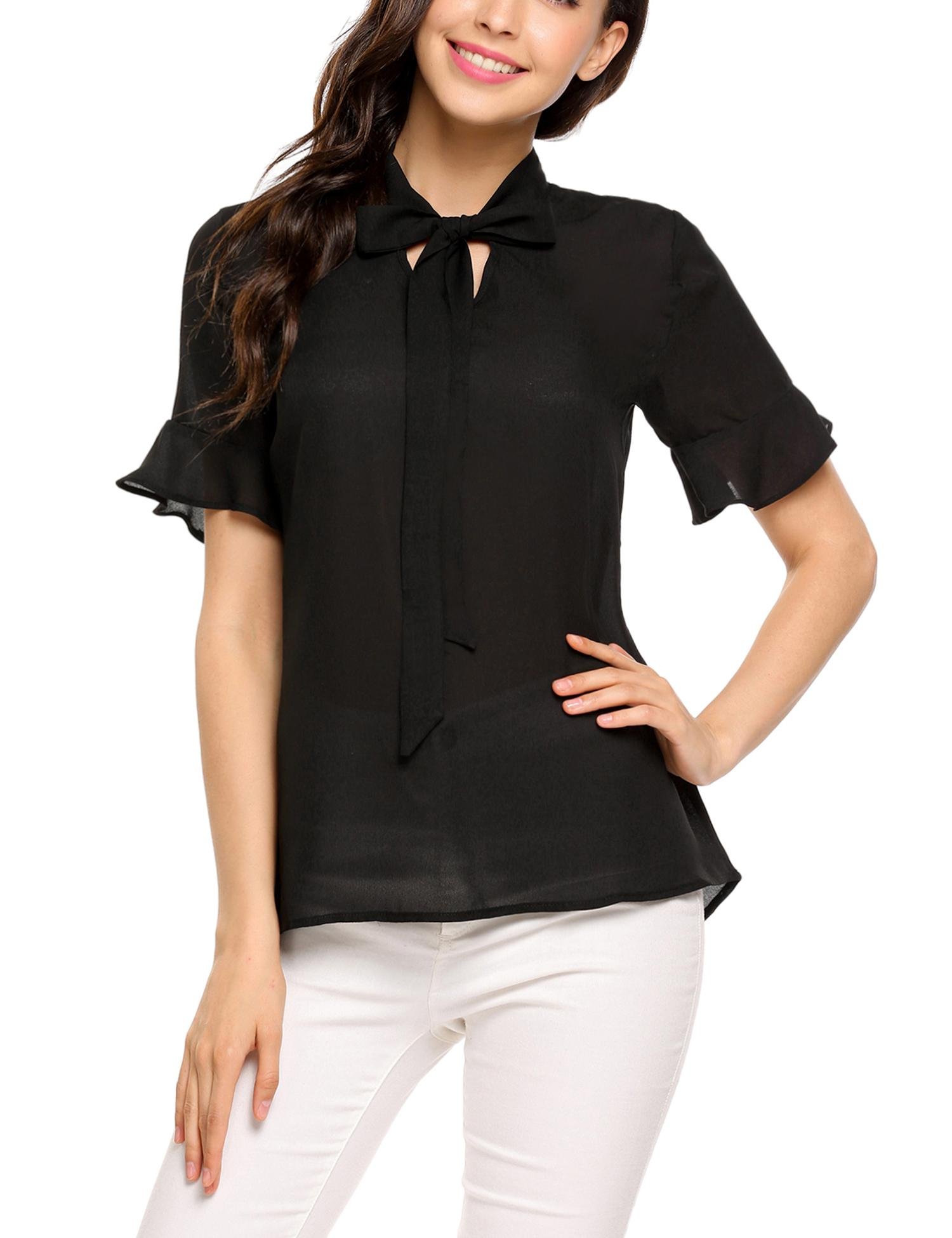 Women Elegant Chiffon Shirt Bow Tie Neck Elbow Sleeve Ruffle Solid Blouse Top Black/M