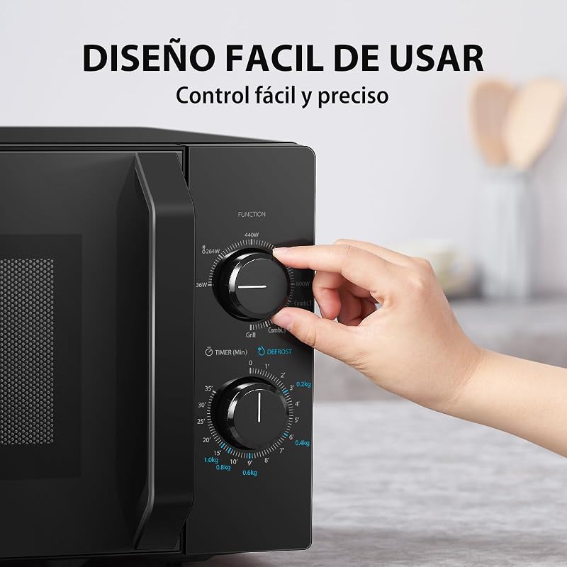MW2-MG20P(BK) Forno micro-ondas 20 L, brilho 700W/1000W, com crispy grill e função de cozedura combinada, 9 níveis de potência,