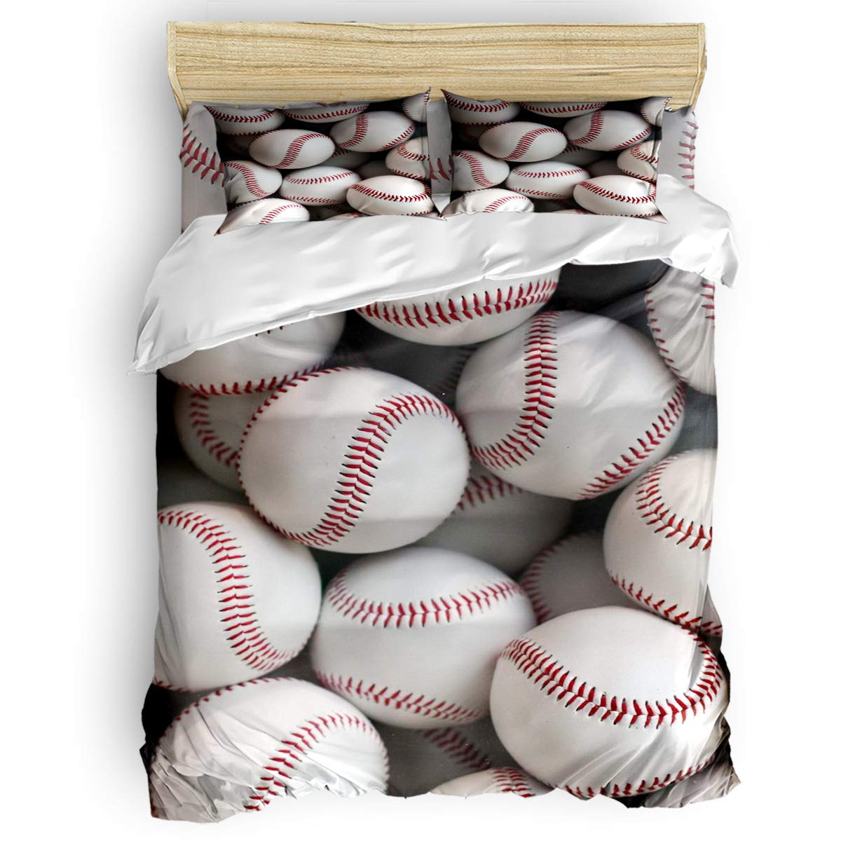 Full Size Bedding Duvet Cover Set Baseballs 4 Piece Luxury Microfiber Down Comforter Quilt Cover with Zipper Closure, Ties - Sport Emblem Major League Competition Modern Style for Women and Men