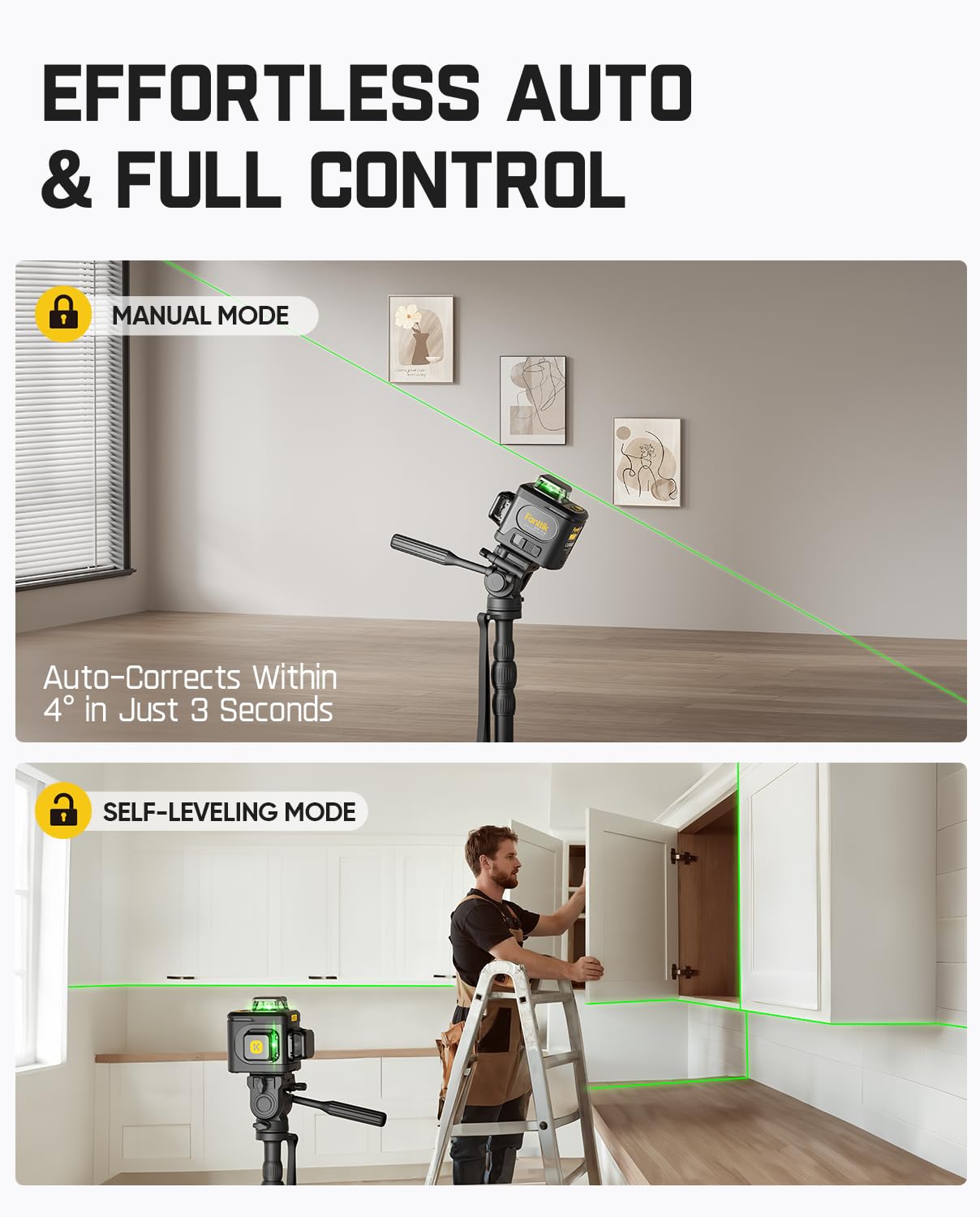 Fanttik D12 Ace Laser Level 360 Self Leveling, 3x360° Rechargeable 3D Green Cross Laser, Outdoor Pulse Mode, IP54 Durable, Easy to Use for Construction and Picture Hanging