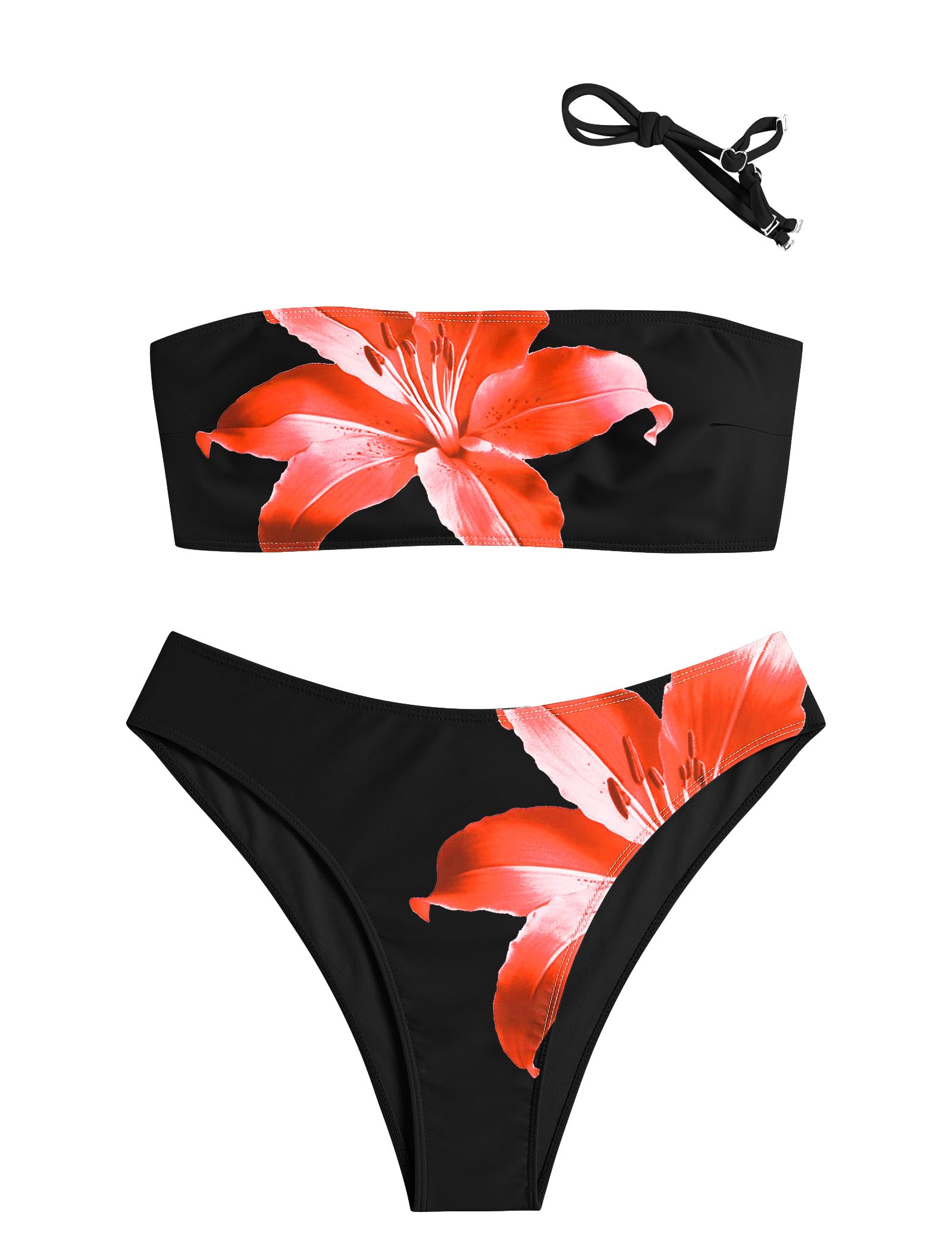 Photo 1 of ZAFUL Women's High Cut Bandeau Bikini Set Strapless Solid Color 2 Pieces Bathing Suit Swimsuit 11-1Black,L