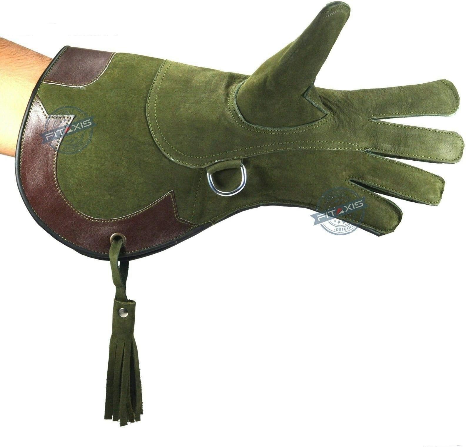 FITAXIS Falconry Gloves Nubuck Leather Eagle Hunting birds hawk Green 14" Long Cuff (Green-Brown, 14")