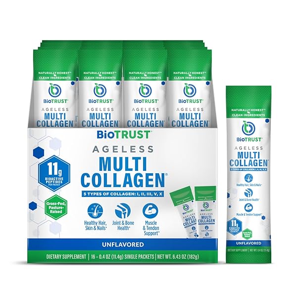 BIOTRUST AGELESS MULTI COLLAGEN PEPTIDES POWDER – TYPES I, II, III, V, X – UNFLAVORED COLLAGEN POWDER FOR WOMEN & MEN – HYDROLYZED PROTEIN– GRASS FED BEEF, FISH, CHICKEN, EGGSHELL MEMBRANE(16 PACKETS)