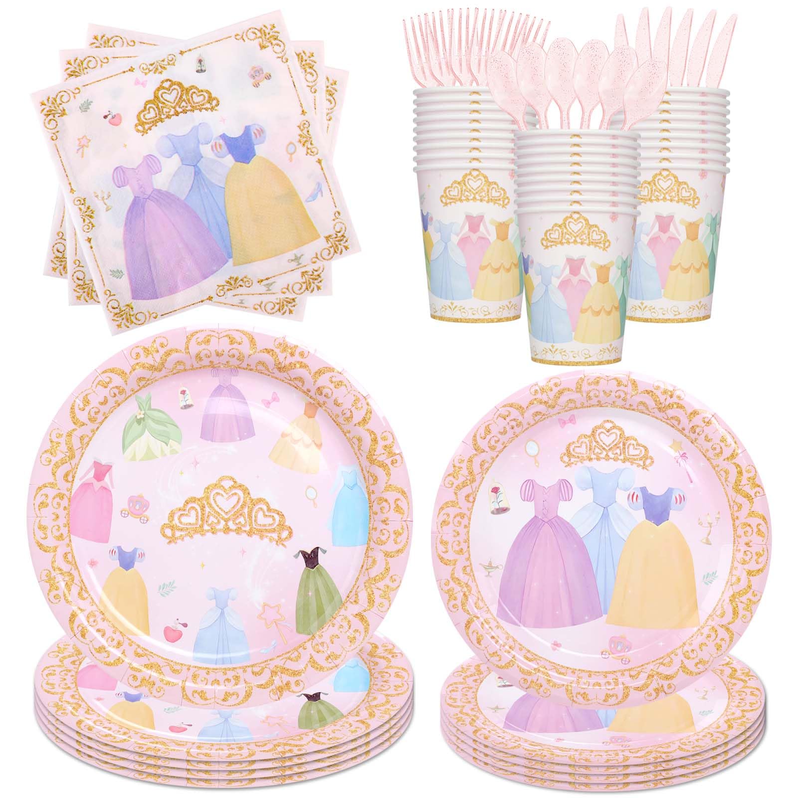 Photo 1 of 350PCS Princess Paper Plates Napkins, Princess Themed Birthday Party Decorations Pink Party Supplies Disposable Dinnerware Set Plate, Utensils, Cup, Napkin, Tableware Set, Serve 50 Guests