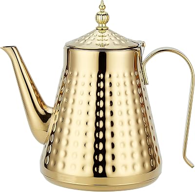 1.6L Stainless Steel Teapot with Infuser Gold Hammered Pour Spout