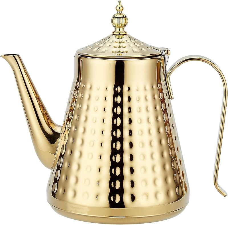 1.6L Stainless Steel Teapot with Infuser Gold Hammered Pour Spout