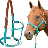 Yeyeplum Breakaway Leather Horse Halter with Adjustable Nylon Rope | Average Horse Size, Chin Buckle, Throat Snap &amp; Metal Hardware, Easy on and off, Secure Fit, Training, Show and Daily Handling