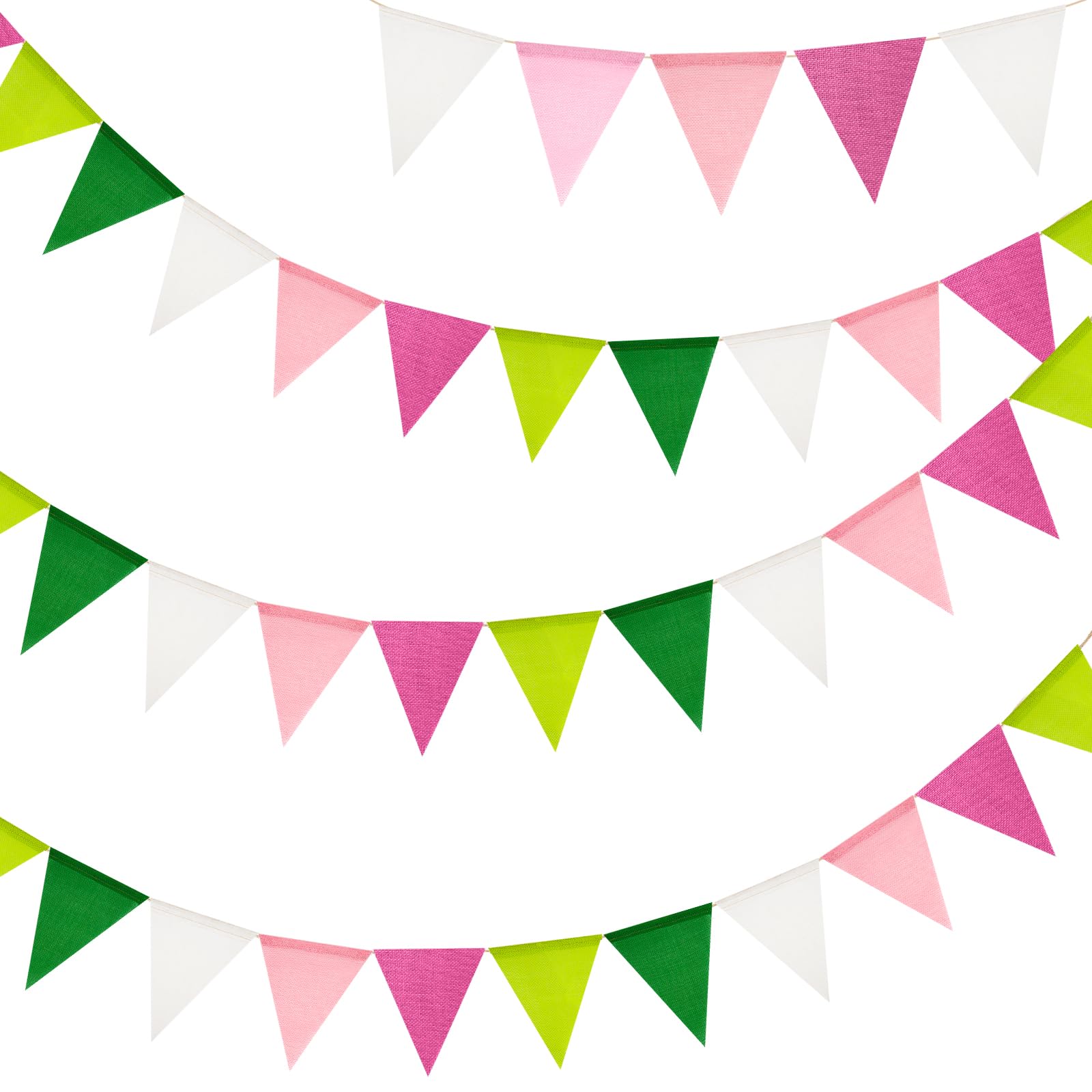 G2PLUS 12M Pink Green and White Burlap Bunting Banner, 36PCS Pre-strung Hessian Bunting, Reusable Outdoor Waterproof Bunting, Burlap Banner for Baby Shower, Birthday, Easter, Garden Decor