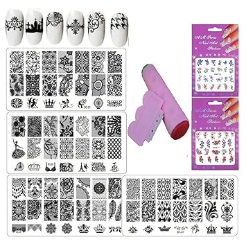 FAMEZA Flowers Animal Image Print Template Water Nail Decals Nail Art Stamping Plate Kit for DIY Manicure Designs (White) -7 Pieces