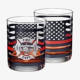 Firefighter Whiskey Glasses | Set of 2 | 12 OZ Old Fashioned Glass, American Flag Red Line Fire Fighter Glass - Show Support for First Responders, Firemen Gifts for Him, Dad, Boyfriend Father, Fireman