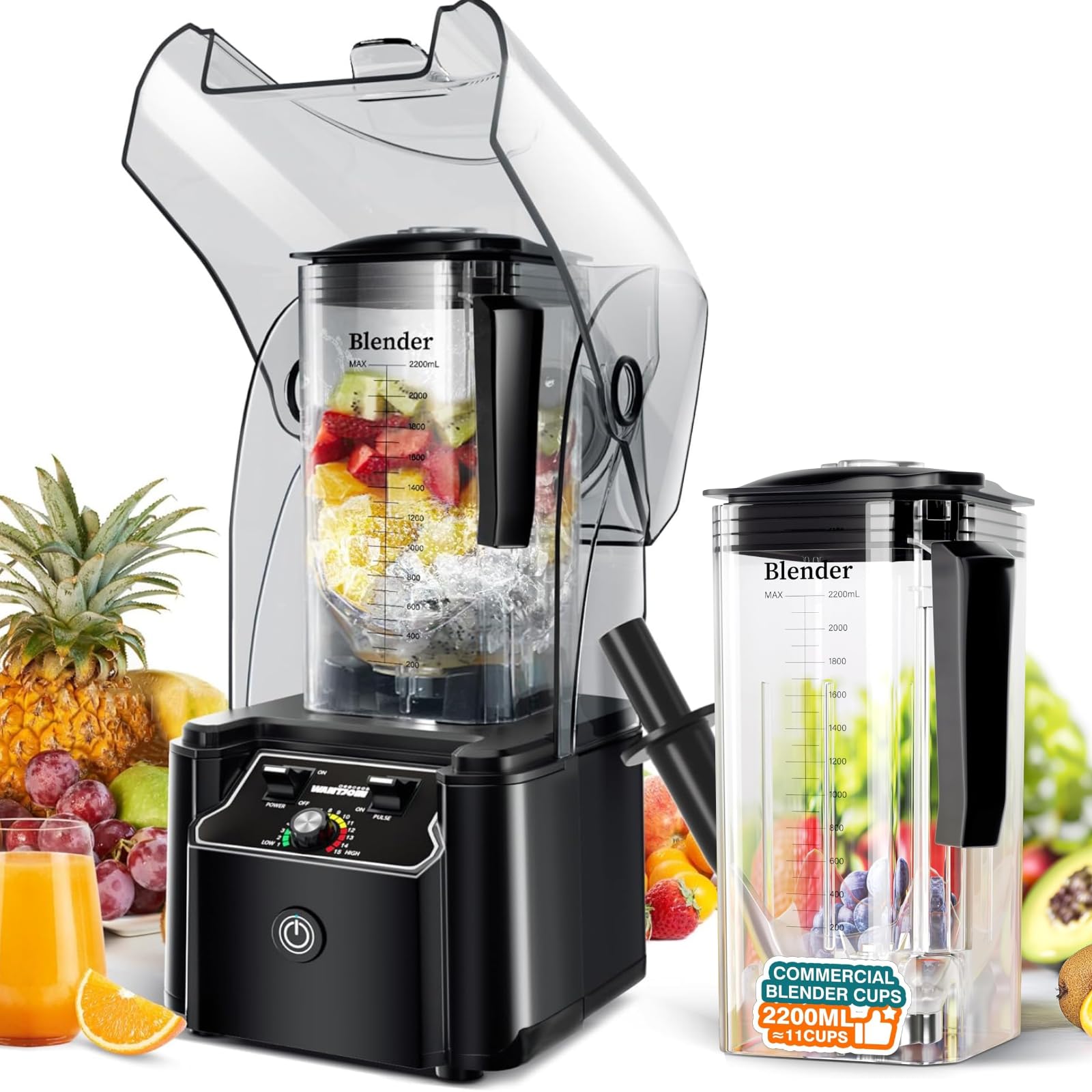 WantJoin Licuadora comercial profesional y vaso de licuadora con escudo Gabinete de sonido silencioso Industrias de 2200 W Potencia fuerte y silenciosa de grado profesional, autolimpieza, negro