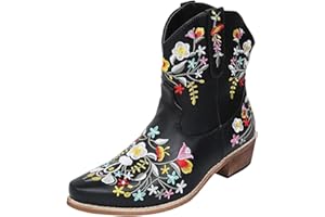 Lausiuoe Cowboy Boots For Women Wide Calf Wide Foot Embroidered Western Cowgirl Style Knee High Chunky Heel Fashion Boot