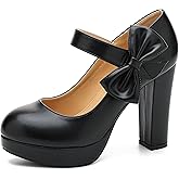 MAIERNISI JESSI Women's Platform Mary Jane Pumps with Bow, 3.94 Inch Block Heel Dress Shoes
