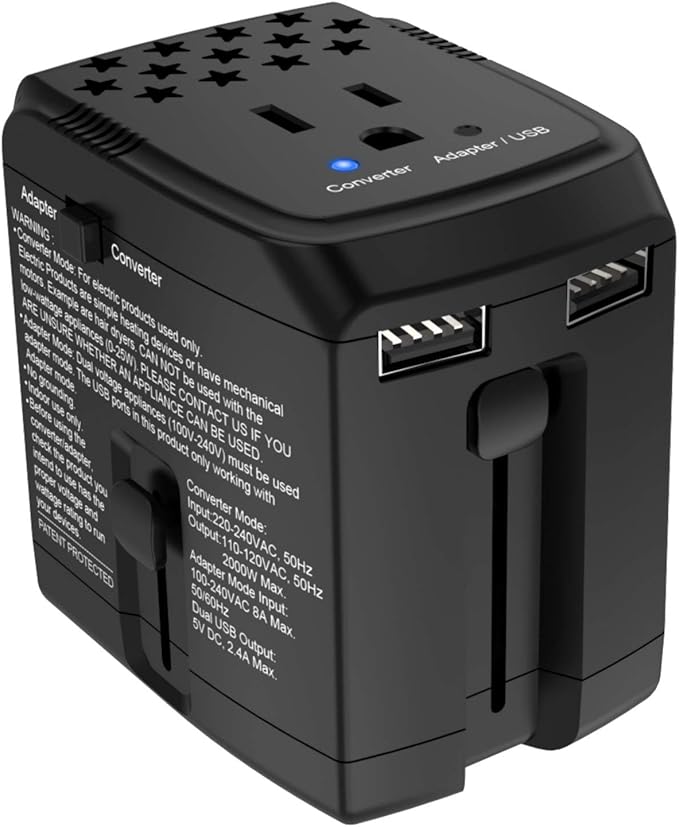 2000W 220V to 110V Converter and Travel Adapter w/2 USB Ports COMBO Converter Step