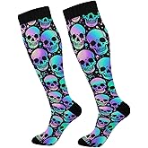 CZXW 1 Pair Halloween Bright Skulls Compression Socks 20-30mmHg Knee High Women Socks Tube Athletic Stockings for Men Sport Soccer Running Cycling Medical Nurse Winter Travel