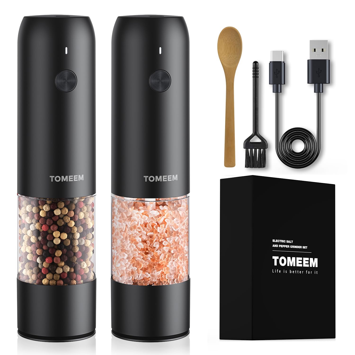 [Upgraded Larger Capacity] Electric Salt and Pepper Grinder Set - USB Rechargeable One Hand Operation Automatic with Adjustable Coarseness & LED Light Refillable