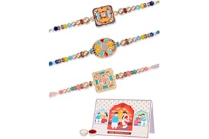 IndoTribe, Rakhi For Brother with Gift Set - Set of 3, Rakhi For Brother with Card, Roli Chawal | Rakhi for Brother and Bhabhi | Rakhi For Brother | Bhaiya Bhabhi Rakhi | Raksha Bandhan Rakhi