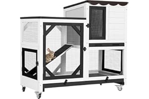GUTINNEEN Rabbit Hutch Indoor Rabbit Cage with Wheels Outdoor Bunny House 2 Story Guinea Pig Cage with Leakproof Tarp Roof (White)