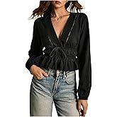 SHENHE Women's Deep V Neck Tie Front Ruffle Peplum Blouse Long Sleeve Going Out Crop Top Shirt