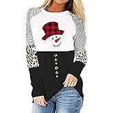 BANGELY Snowman Christmas Shirts Plaid Hat Graphics Long Sleeve Top Leopard Print Sleeve Pullover Raglan Baseball Tees