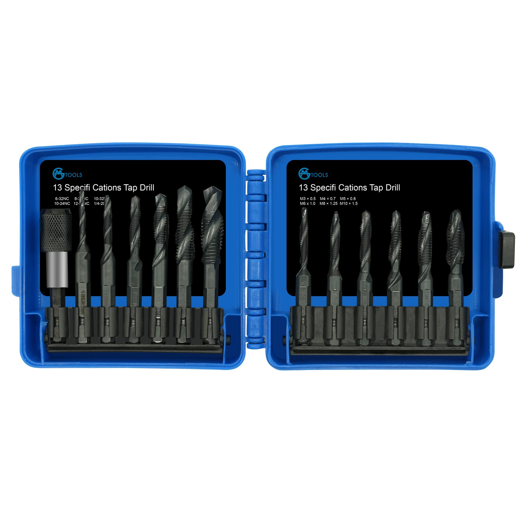 Photo 1 of GMTOOLS Combination Drill and Tap Bit Set with Quick-Change Adapter of 13Pcs, 6 SAE Sizes: 6-32NC to 1/4-20NC, 6 Metric Sizes: M3 to M10,Suitable for Drilling Tapping Threading Countersinking