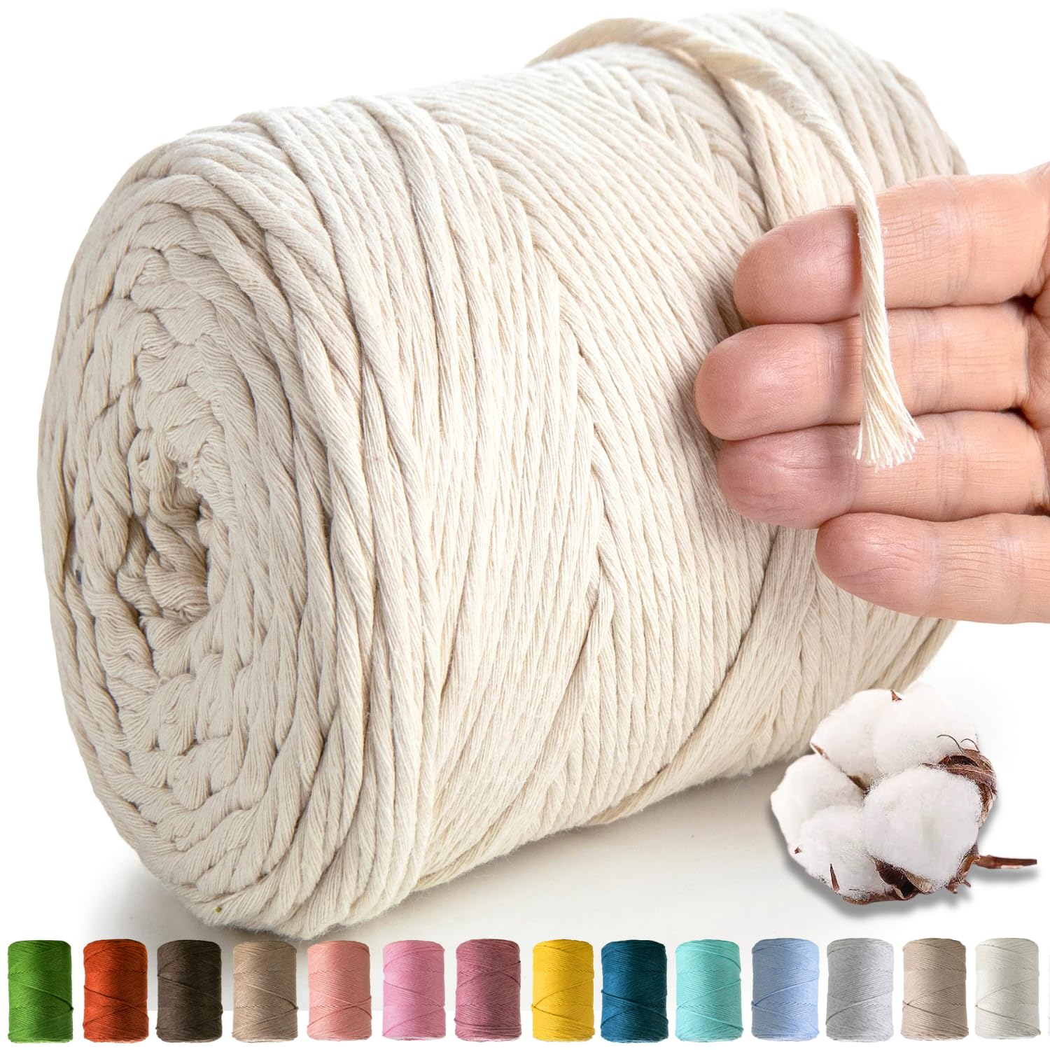 'MeriWoolArt® Natural Macrame Yarn, 4 mm, Colourful, 225 m, Super Soft Cotton Yarn, Single Twisted Macrame Cord for Macrame Wall Hanging, Hanging Basket, Curtain and More DIY (Natural)