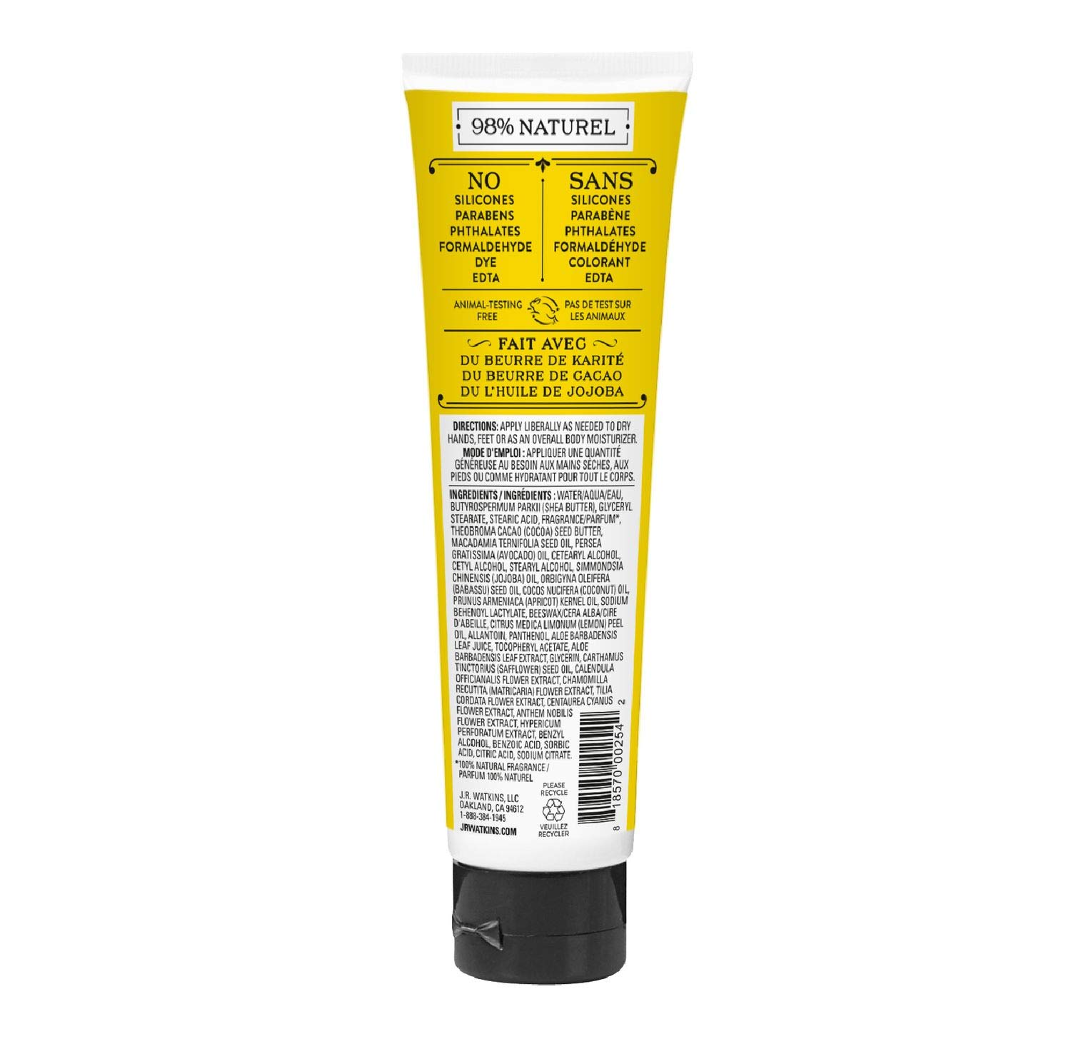 J.R. Watkins Natural Moisturizing Hand Cream, Hydrating Hand Moisturizer with Shea Butter, Cocoa Butter, and Avocado Oil, USA Made and Cruelty Free, 3.3oz, Lemon Cream, Single : Body Gels And Creams : Beauty