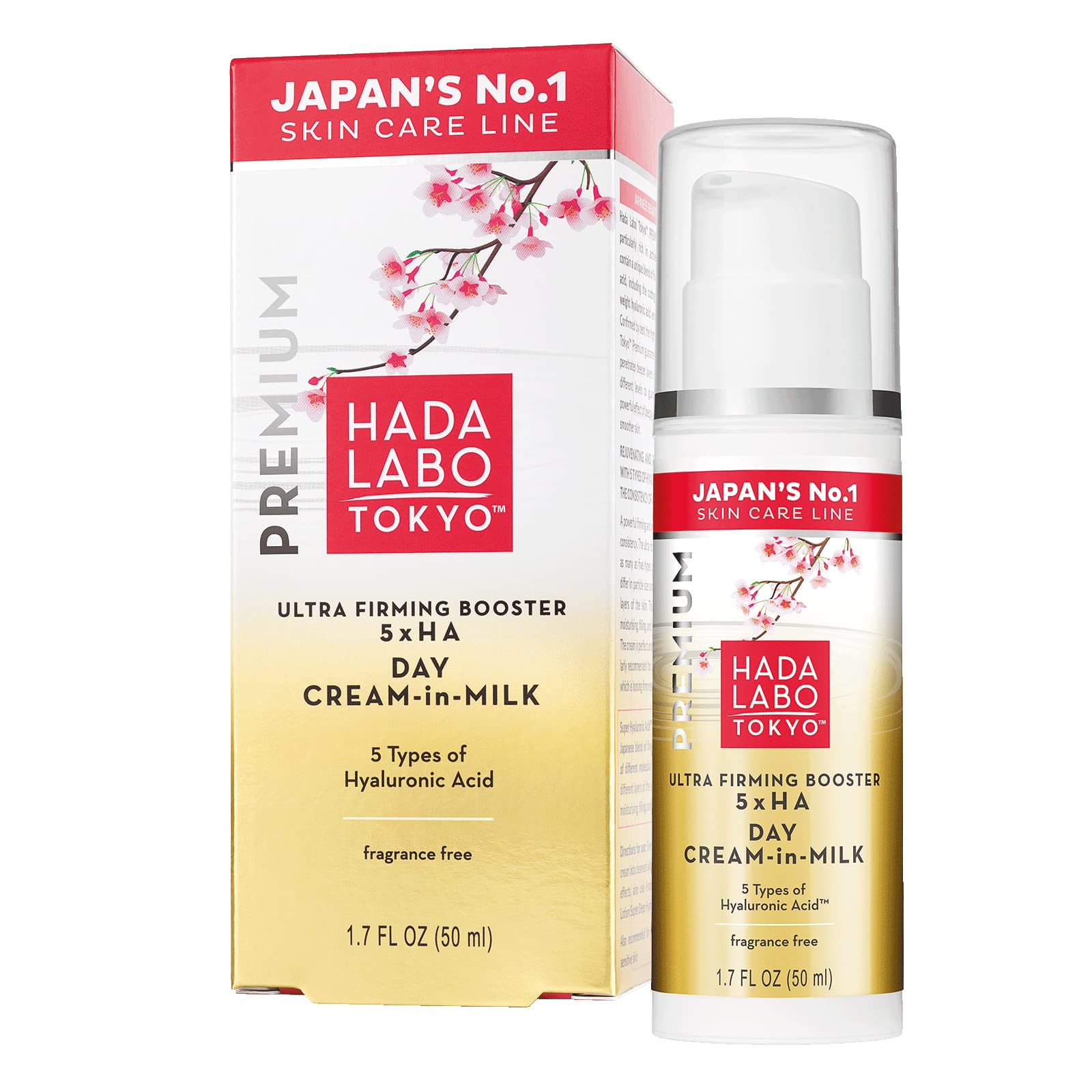 Hada Labo Tokyo - Premium Ultra Firming Booster Day Cream-In-Milk, 7 types of Hyaluronic Acid, 50ml bottle (Pack of 1)