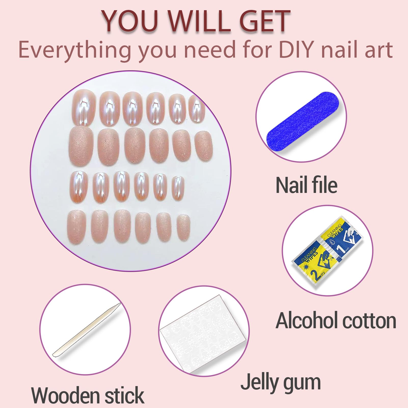 Almond Press on Nails Short Round Fake Nails Chrome Gloss False Nails with Glitte Powder Designs Acrylic Nails Press on Artificial Nails Stick on Nails for Women 24Pcs Nail Press ons - Image 5