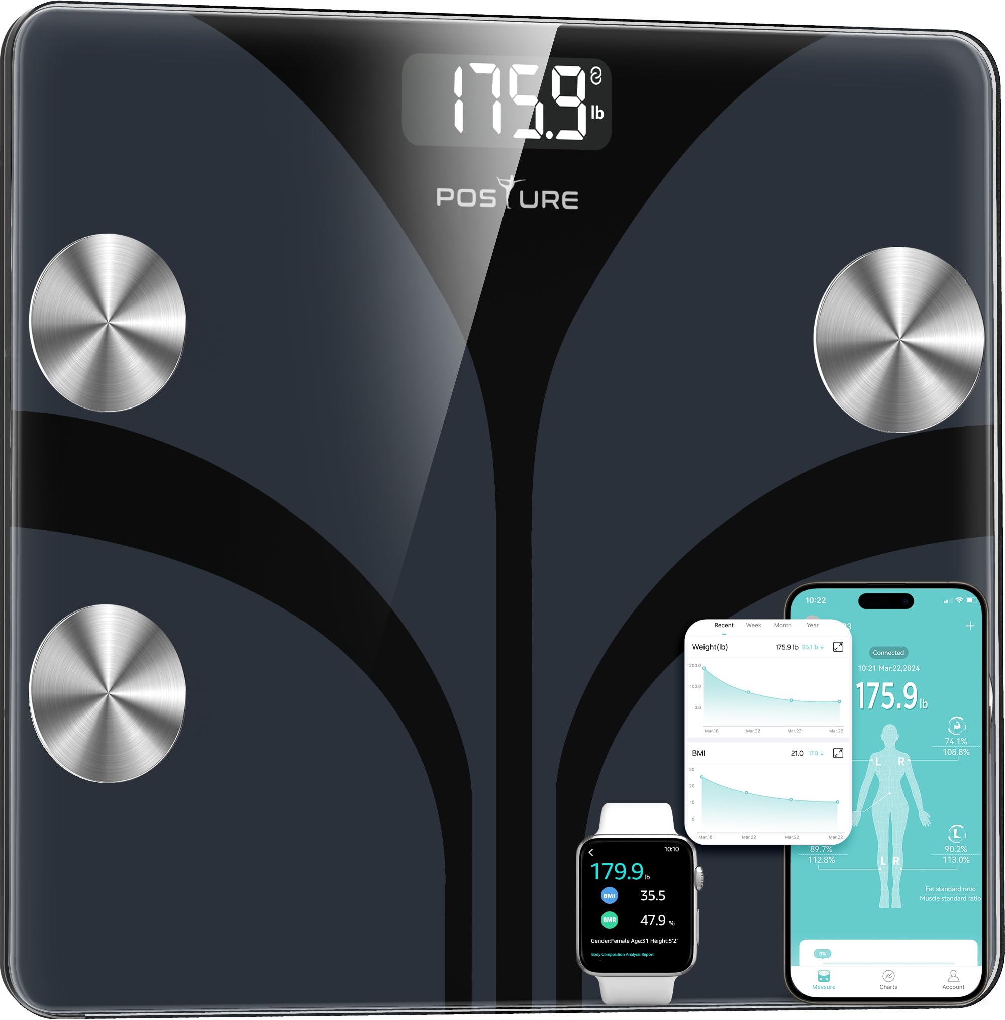 Posture Scale for Body Weight, Digital Bathroom Smart Scale, 13 Body Composition Analyzer Sync Weight Scale BMI Health Monitor Sync Apps 400lbs - Black Image
