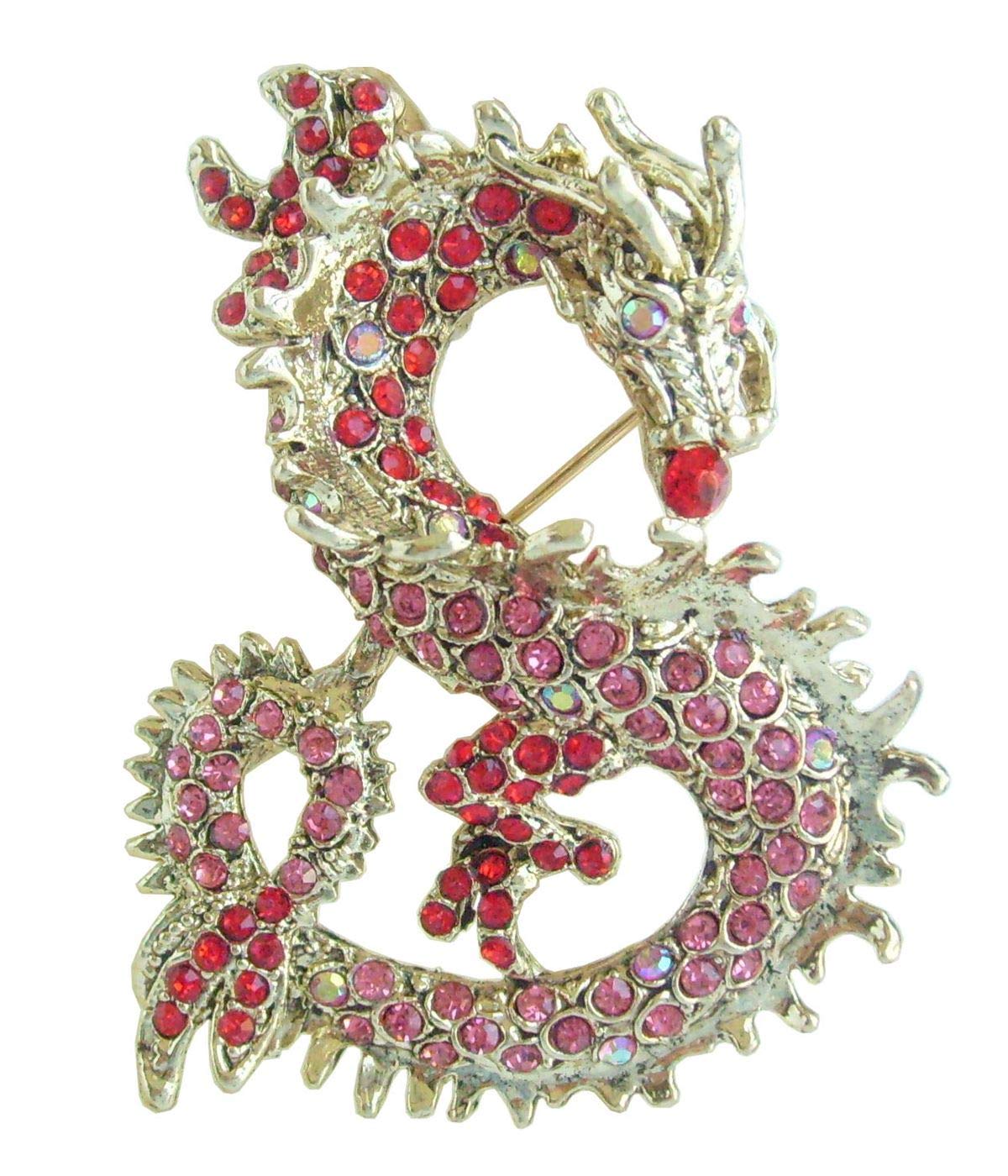 Sindary 2.36" Austrian Crystal Unique Animal Dragon Brooch Pin Pendant UKB2980 (Gold-Tone Red Pink)