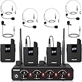 TONOR Wireless Microphones System with UHF Headset/Lavalier Lapel Mics, Bodypack Transmitter, Receiver, 4 * 10 Channels, 60 m/200ft Range for Church Conference Performance Singing Karaoke PA Speaker