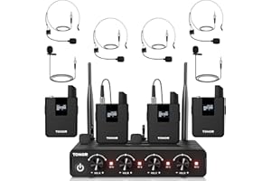 TONOR Wireless Microphones System with UHF Headset/Lavalier Lapel Mics, Bodypack Transmitter, Receiver, 4 * 10 Channels, 200ft Range for Church Conference Performance Singing Karaoke PA Speaker Mixer