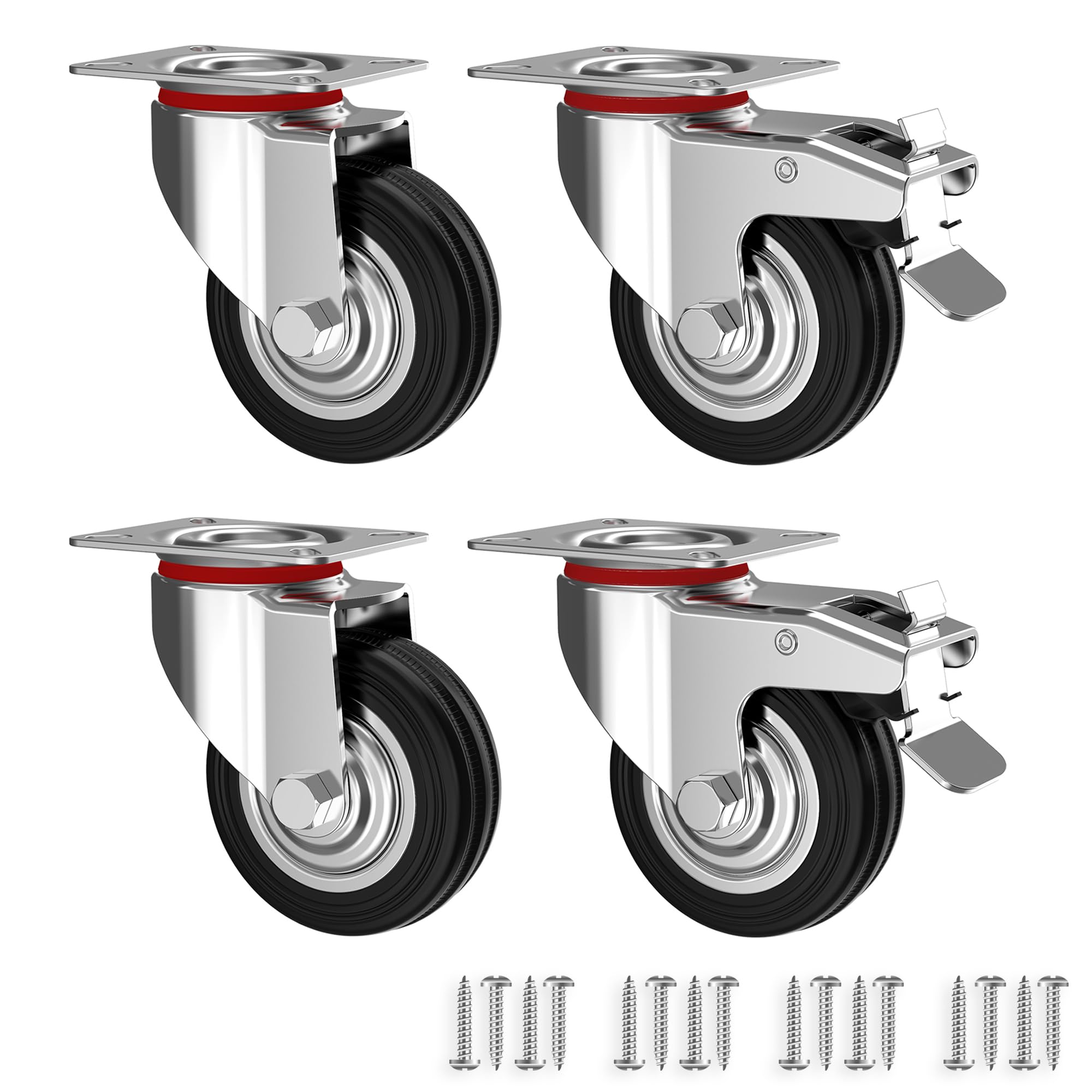 RAVN HAMAN Set of 4 Heavy Duty Castor Wheels 100 mm - Swivel casters with brake up to 70 kg per wheel - Solid rubber Industrial Castors for indoor and outdoor use - Trolley Furniture Castors