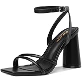 RIBONGZ Block Heels Prom Heeled Sandals for Women Chunky Square Open Toe Strappy High Heels Ankle Strap Wedding Bridal Shoes High Heel Sandals for Party Dress
