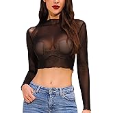 ABAFIP Women's Sheer Mesh Crop Top Mock Neck Long Sleeve See Thru Floral Shirt Ruffle Going Out Tops