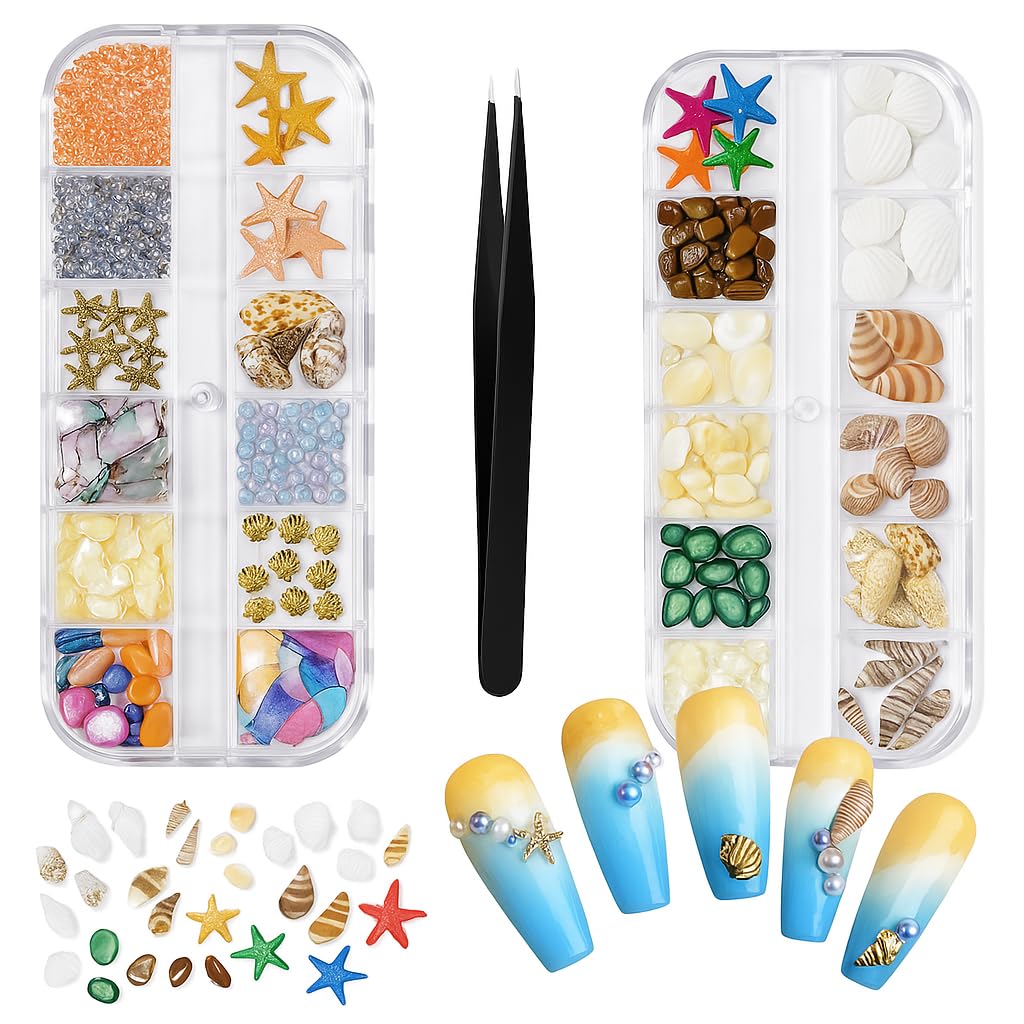 2 Boxes of Assorted Ocean Themed Nail Charms for Decorating Fingernails | Sea Shells and Starfish Style Nail Accessories | Jewels for your Nails | Colourful Bling Rhinestones | Tweezers Included!
