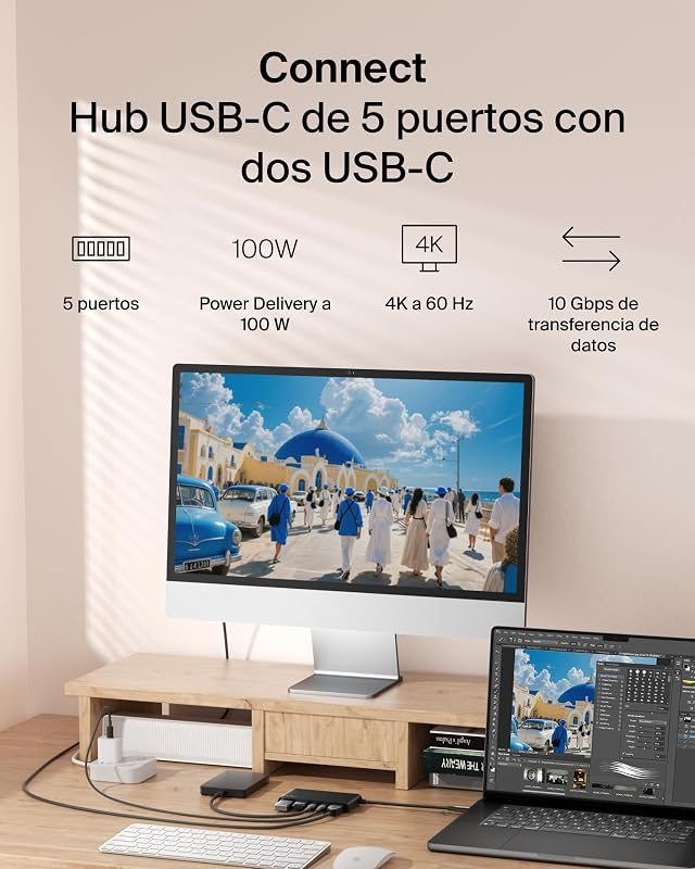 Hub USB C de 5 portas com 1 HDMI 4K a 60 Hz, entrega de energia a 100W, transferências de 5 Gbps, adaptador USB C multiporta, MacBook, iPad Pro, Chromebook e outros, HDMI 2.0 - Preto