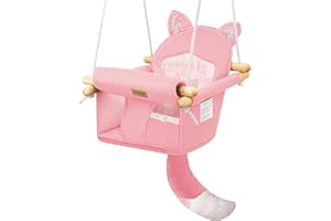 ASKCAT Wooden Baby Swing with Safety Belt - Adjustable Infant & Toddler Swings for Indoor/Outdoor Use, Includes Mounting Hardware (Fox Design, Pink)