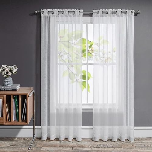Joydeco Net Curtains for Windows 95 Inch Drop - 2 Panels, Woven Eyelet White Voile Sheer Curtains for Living Room Bedroom, Decorative Semi Transparent Long Window Treatment, 52x95 Inch, White