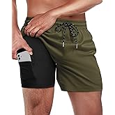 Gleeease 5inch Mens Swim Trunks: 2 in 1 with Compression Liner Lined Soft Stretch Quick Dry Solid Pockets Drawstring Beach