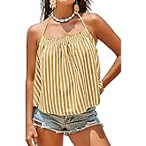 Tankaneo Womens Striped Halter Camisole Tank Tops Vacation Open Back Crop Tops Flowy Pleated Y2k Tshirts