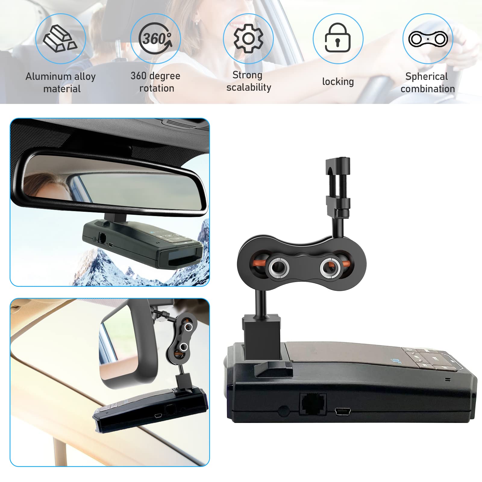 Radar Detector Mount,Aluminum Rearview Mirror Rod Radar Bracket,for Escort Max360c,Max 3, X IXc,Redline EX Beltronics Cobra DualPro GT 360 Radar Detector,with EZ Magnet Connection Base