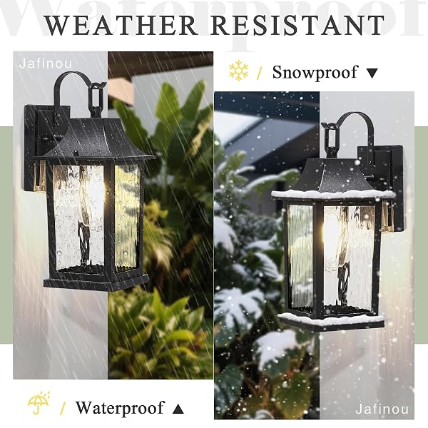 JAFINOU 2-PACK 13” MATTE BLACK OUTDOOR WALL SCONCE, RUSTPROOF ALUMINUM PORCH LIGHT WITH WATER PATTERN GLASS, EXTERIOR LIGHTING FOR PATIO HOUSE GARAGE